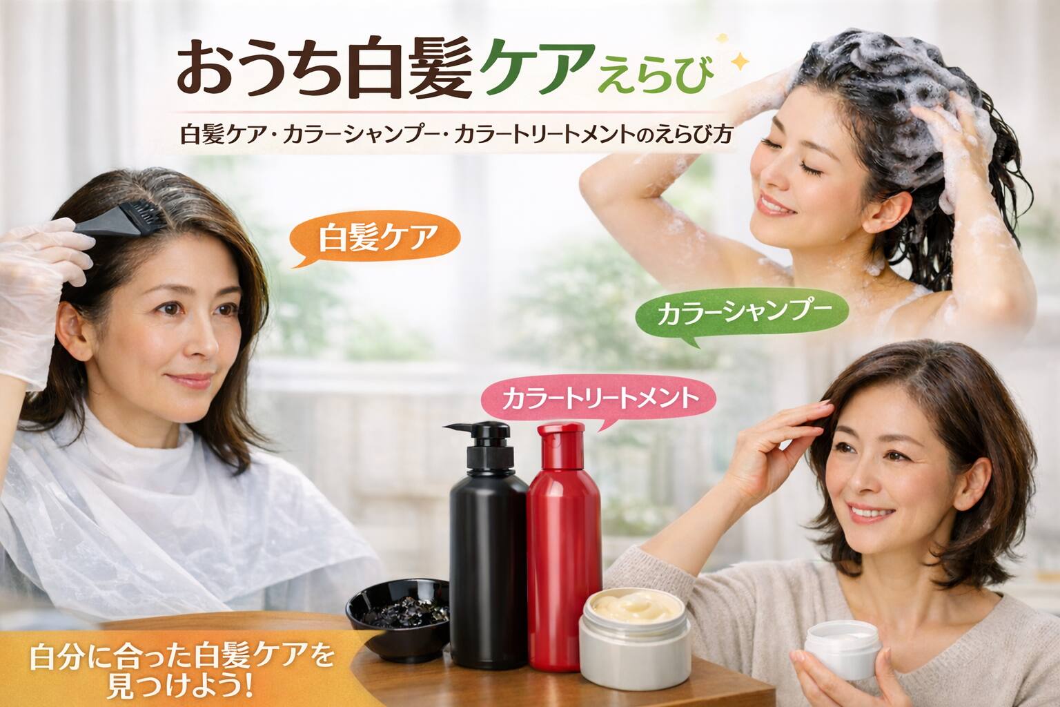 おうち白髪ケアえらび|白髪ケア・カラーシャンプー・カラートリートメントの選び方